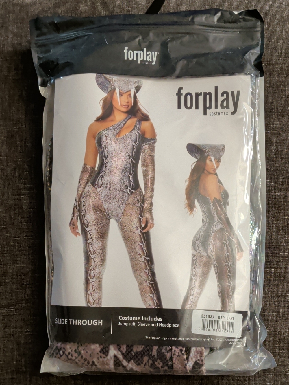 Forplay Taupe Snake-Print One-Shoulder Jumpsuit with Headpiece